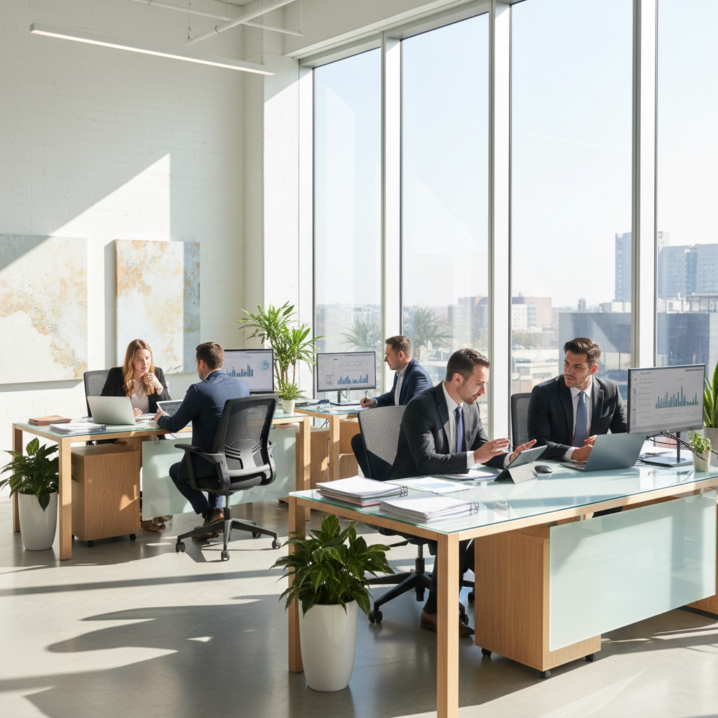 Professional financial advisor consulting with clients in modern office setting, representing Globally UnitedBank's personalized banking approach